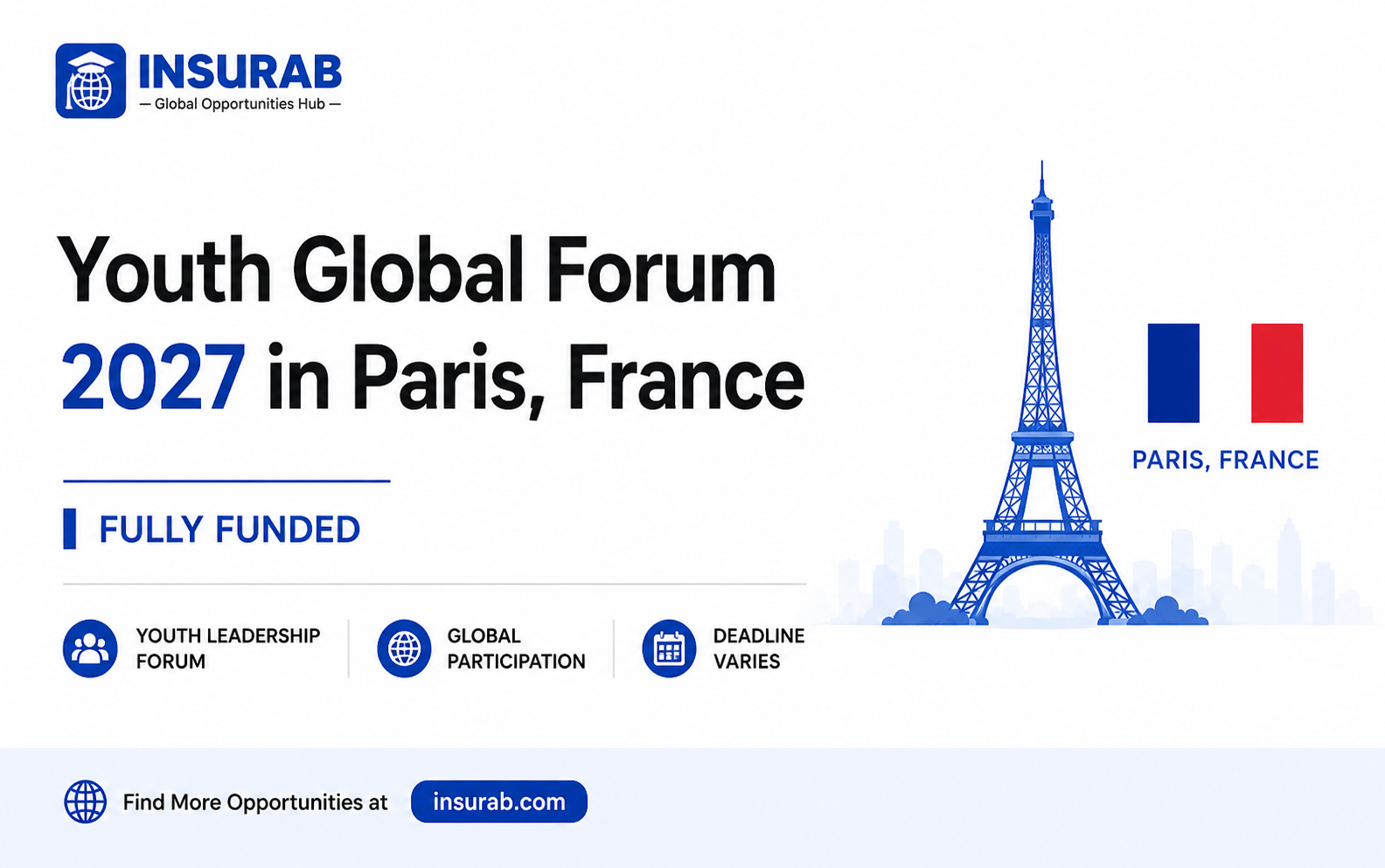Promotional banner for the fully funded Youth Global Forum 2027 in Paris, France, presented by Insurab Global Opportunities Hub. The graphic features the Eiffel Tower and a French flag graphic.