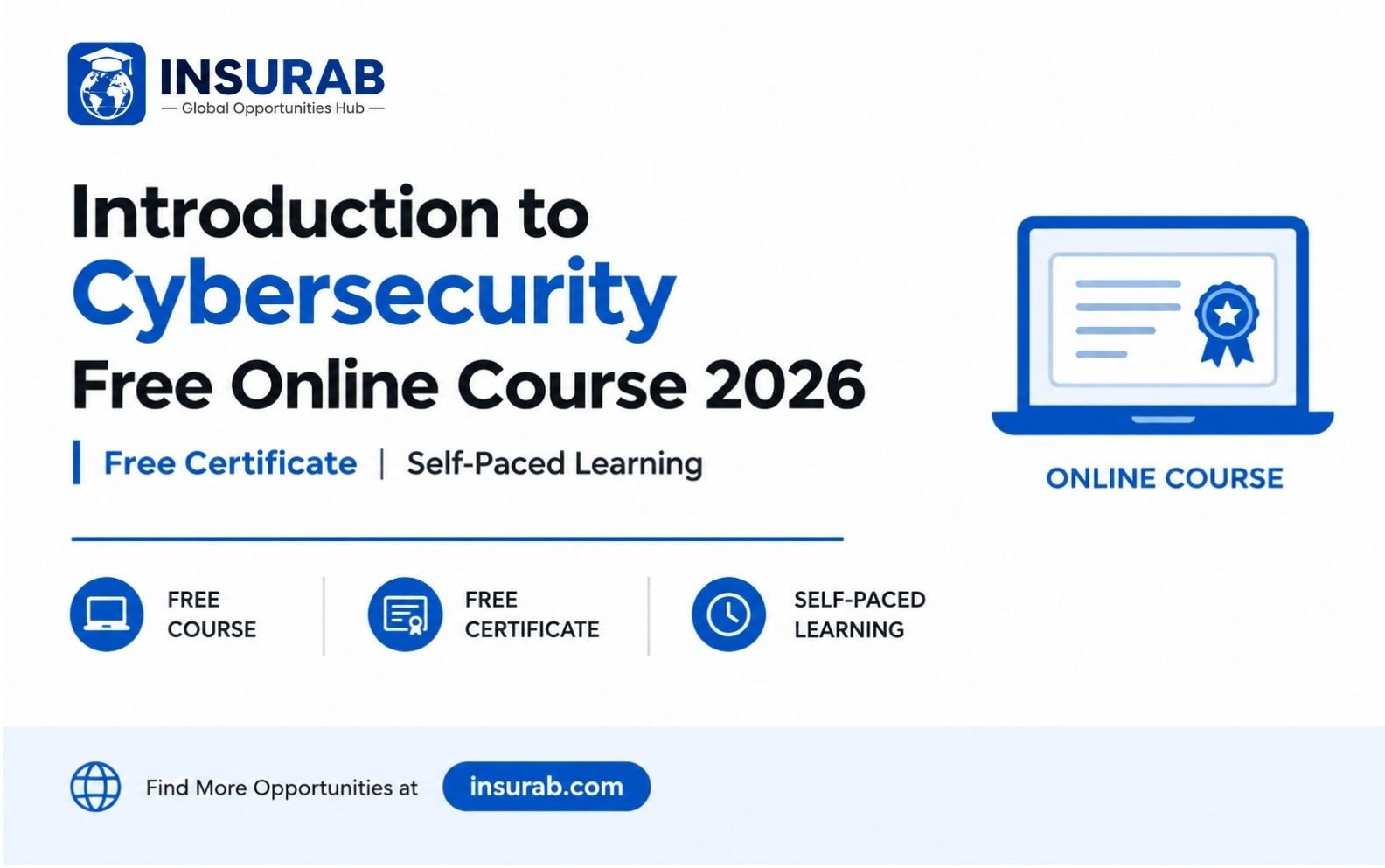 Promotional banner for Cisco Introduction to Cybersecurity free online course 2026 by Insurab, featuring a laptop icon and course details.