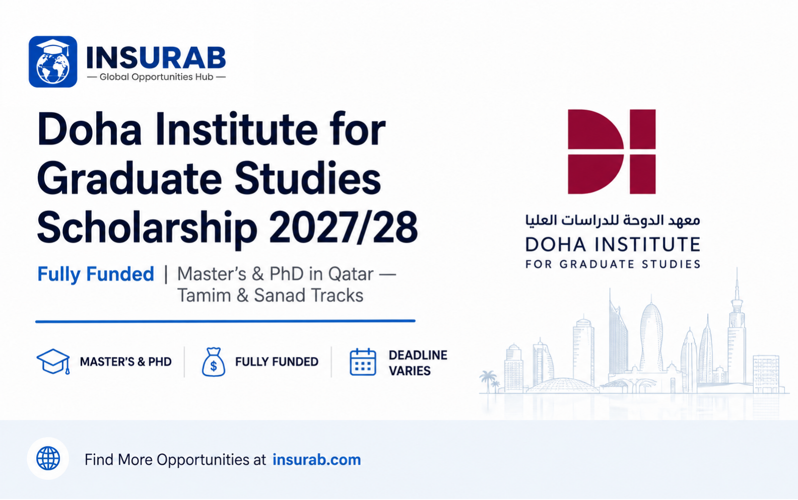Promotional banner for the fully funded Doha Institute for Graduate Studies Scholarship 2027/28 for Master's and PhD tracks in Qatar.