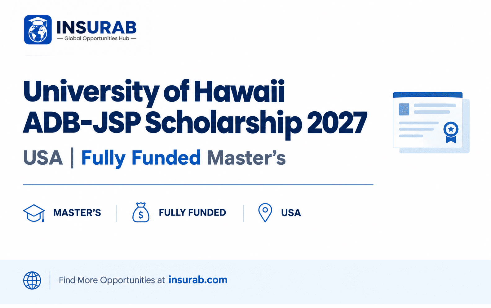 University of Hawaii ADB-JSP Scholarship 2027 in USA for international students